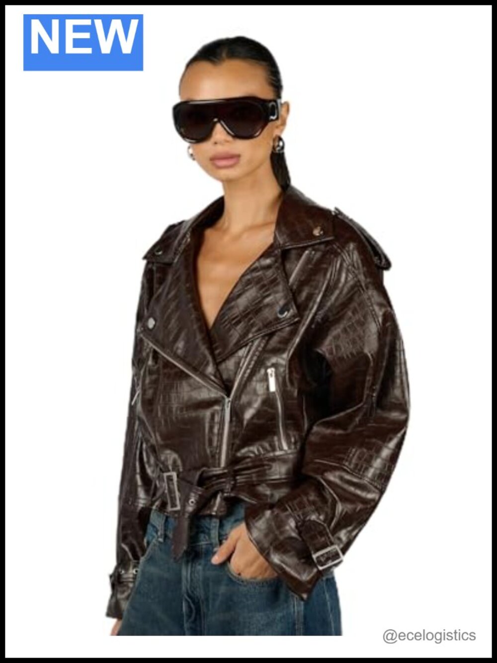 Cropped Moto Jacket Long Sleeve Notch Collar Zipper Solid Fall